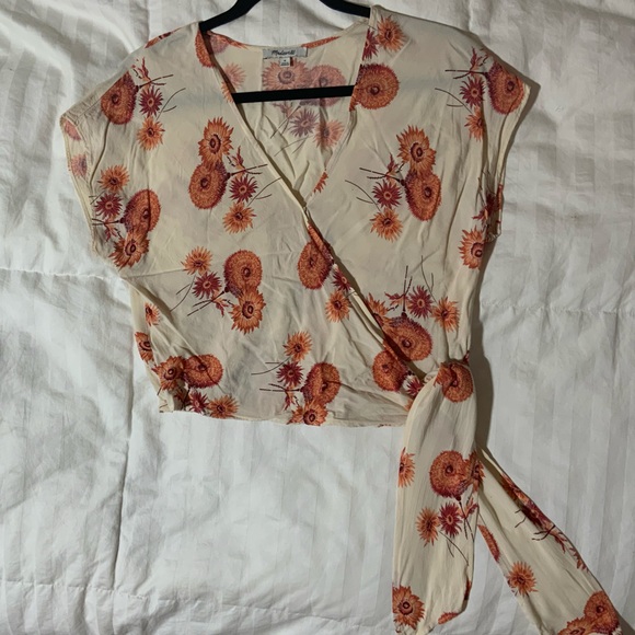 Madewell Cream Orange Sash Tie Wrap Top Dutch Dandelion Print - Picture 4 of 9
